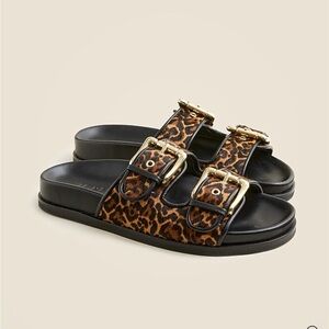 J. Crew Black and Leopard Sandals with Gold Buckles